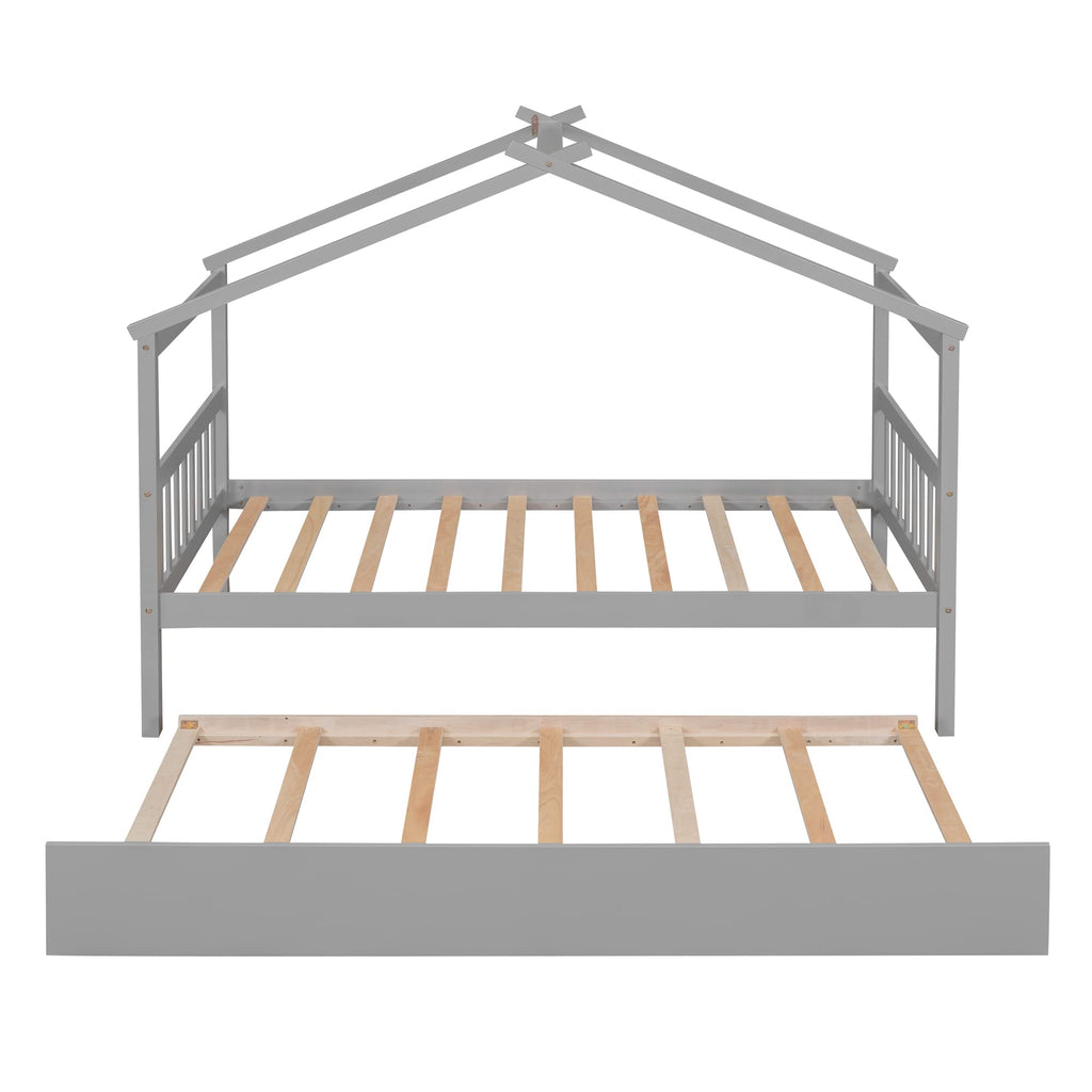Merax Twin Size Wooden House Bed with Two Drawers, Wood Bed Frame with Roof for Kids, Teens, Boys or Girls, Grey