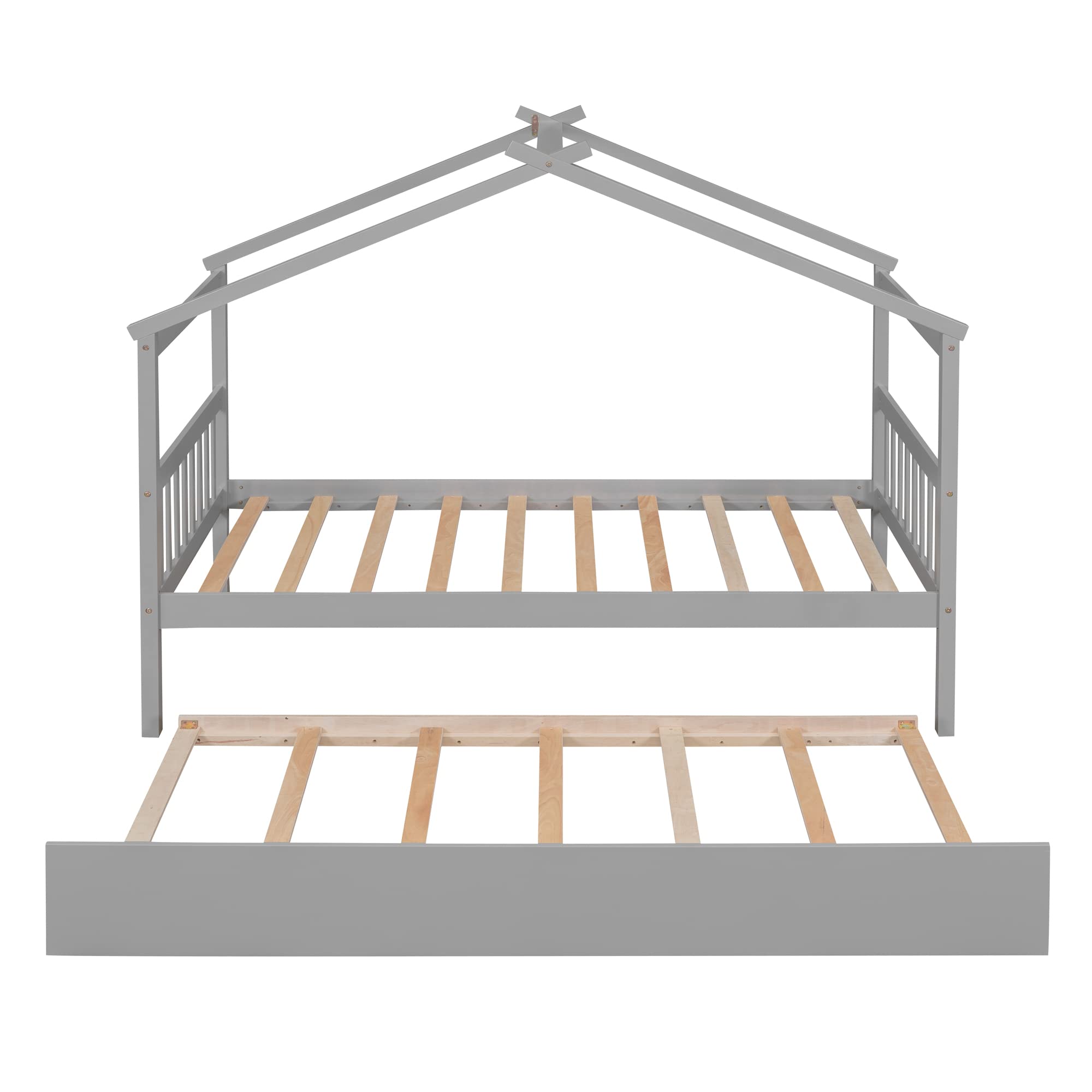 Merax Twin Size Wooden House Bed with Two Drawers, Wood Bed Frame with Roof for Kids, Teens, Boys or Girls, Grey