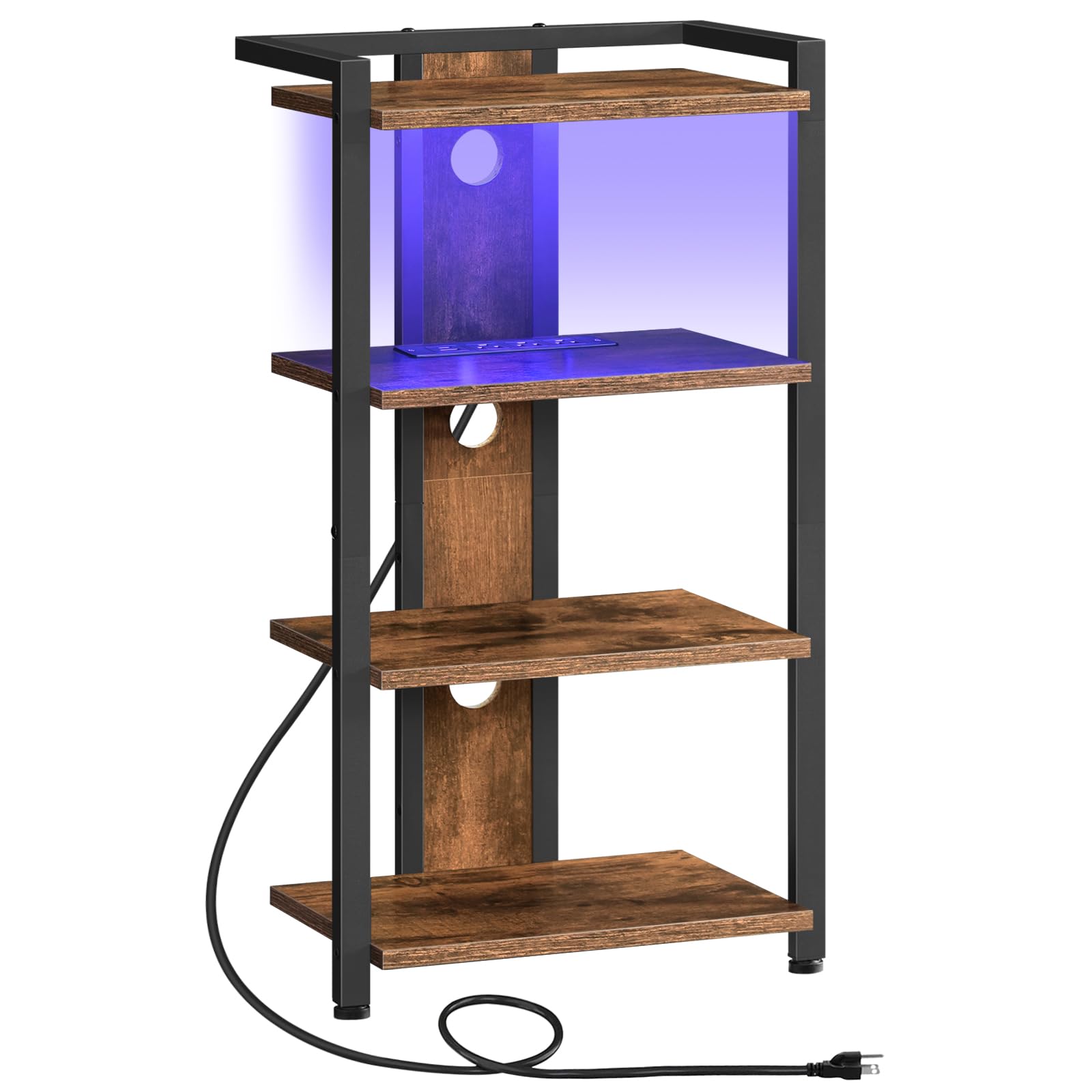 HOOBRO Game Console Shelf, 4-Tier Video Gaming Consoles Stand with Outlet & RGB Light, Audio Rack Tower for Turntable, Stereo Equipment, Wooden Entertainment Storage Stand, Black BB38UDCJ01