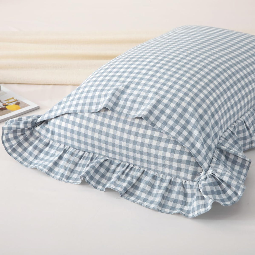 Silnuo Green/White Plaid Ruffled Queen Size Pillow Shams Set of 2,Washed Cotton Shabby Checkered Gingham Farmhouse Bed Pillow Covers 20"x30"
