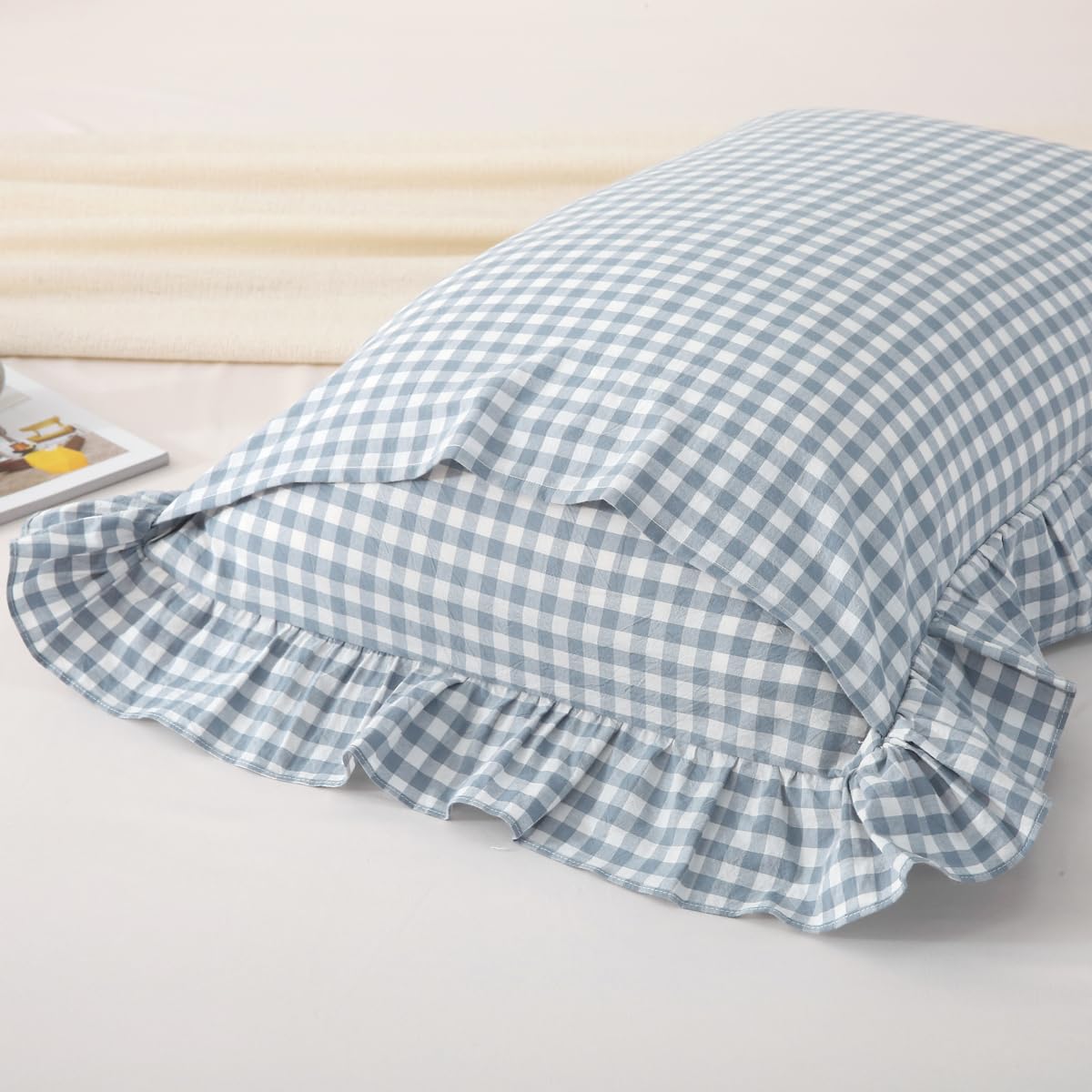 Silnuo Green/White Plaid Ruffled Queen Size Pillow Shams Set of 2,Washed Cotton Shabby Checkered Gingham Farmhouse Bed Pillow Covers 20"x30"