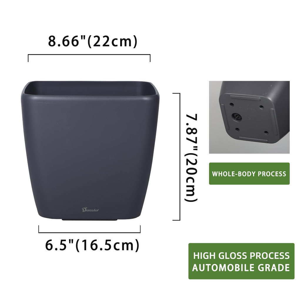 Dexceder 9x8 Self Watering Planter (Black High Gloss) | Inner Mat Design, Thickened Table Flower Plant Pot with Water Level Indicator Indoor Outdoor