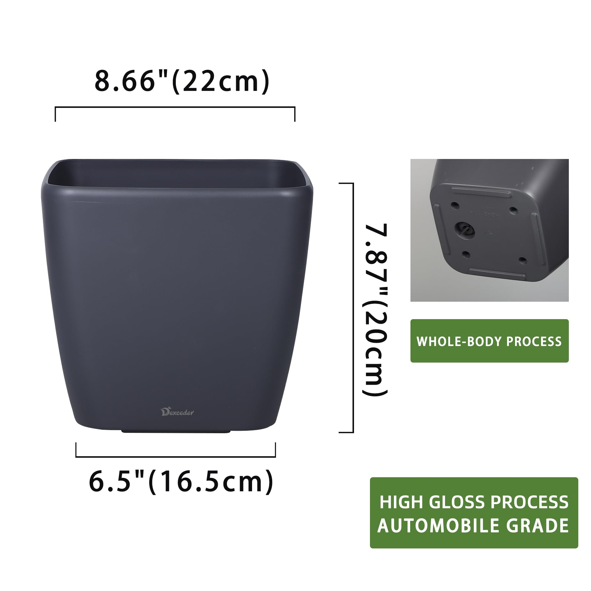 Dexceder 9x8 Self Watering Planter (Black High Gloss) | Inner Mat Design, Thickened Table Flower Plant Pot with Water Level Indicator Indoor Outdoor