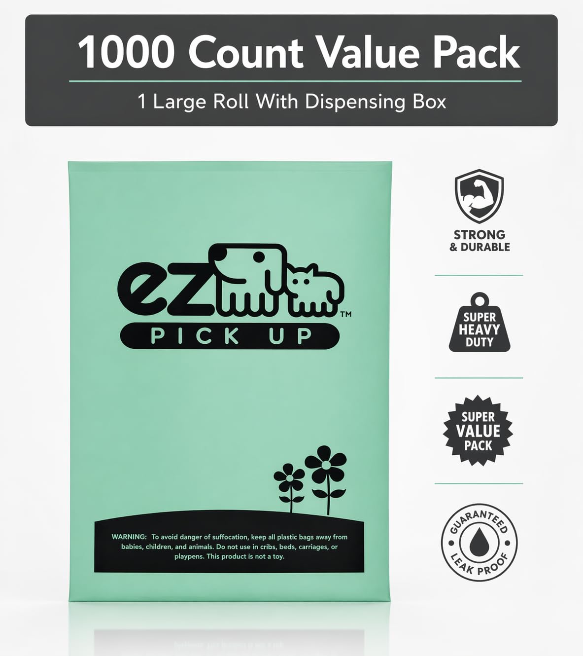 1000 Pet Waste Disposal Dog Poop Bags, EZ Pick Up Bag, Pink (single roll), 9"x12" Large