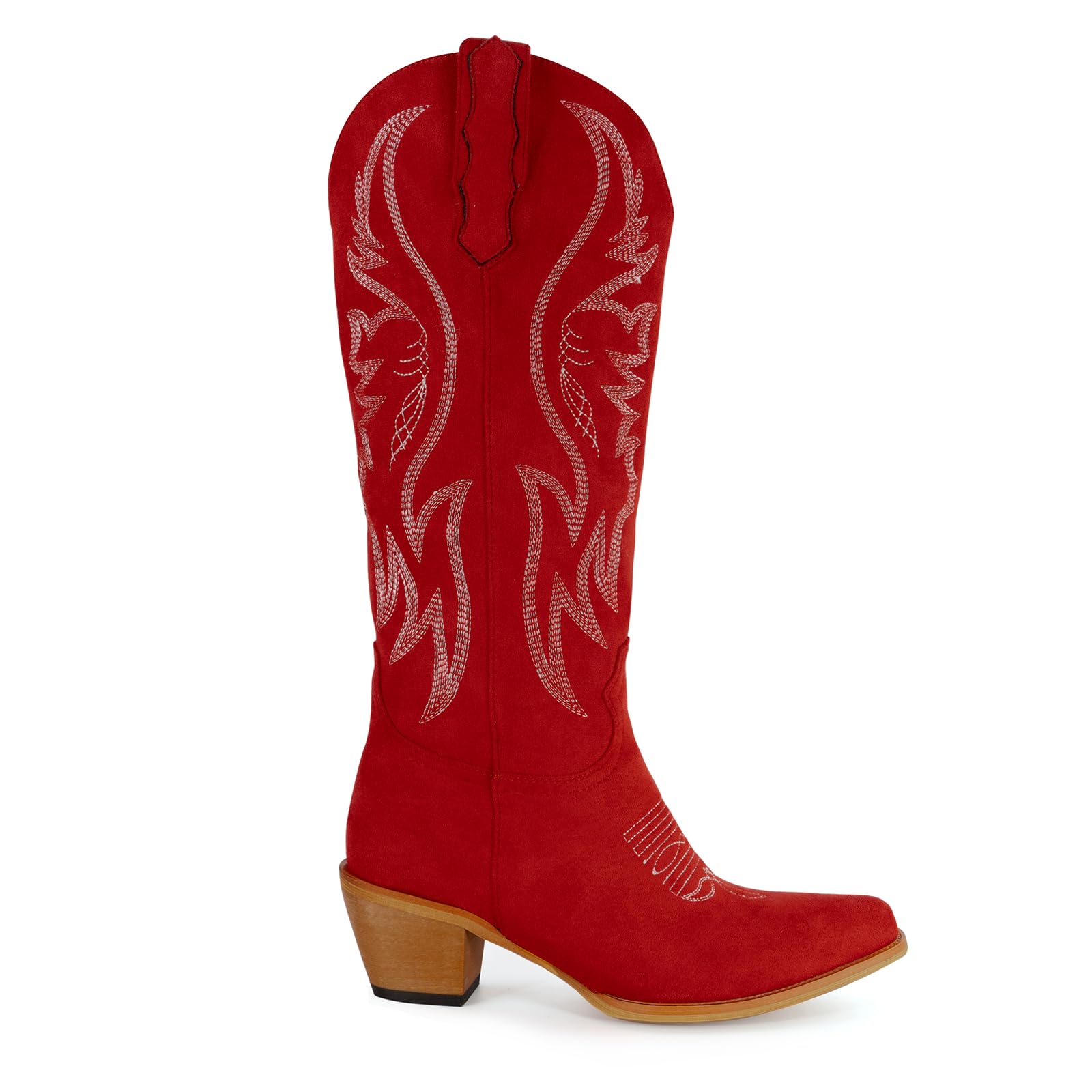 GORBINETI Women Cowboy Boots Mid Calf Cowgirl Western Boots Embroidered Suede Pull On Almond Toe Chunky Heel