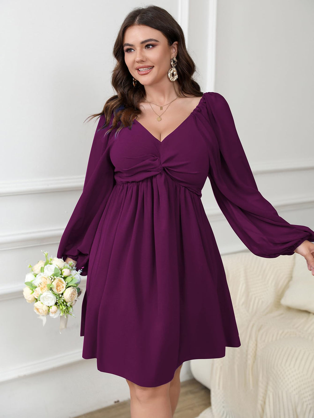 SCOMCHIC Women's Plus Size Puff Long Sleeve Dresses Sweetheart Neckline A Line Short Wedding Guest Cocktail Dress