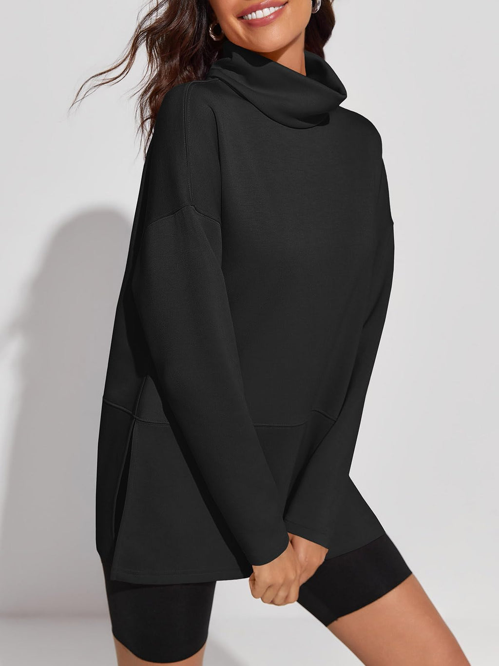 Fisoew Women's Turtleneck Oversized Sweatshirt Casual Long Sleeve Loose Side Slit Pullovers Tunic Tops