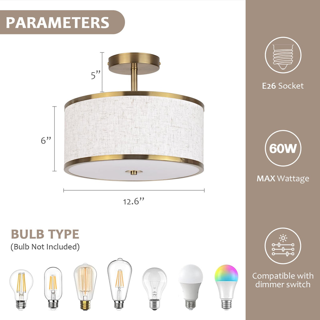 CALOKES Semi Flush Mount Ceiling Light, 11.8" Modern 3-Light Fixture with Petal-Shaped Cream White Fabric Shade and Golden Support Arm, Ideal for Bedroom, Kitchen, Living Room, Hallway, and Entryway