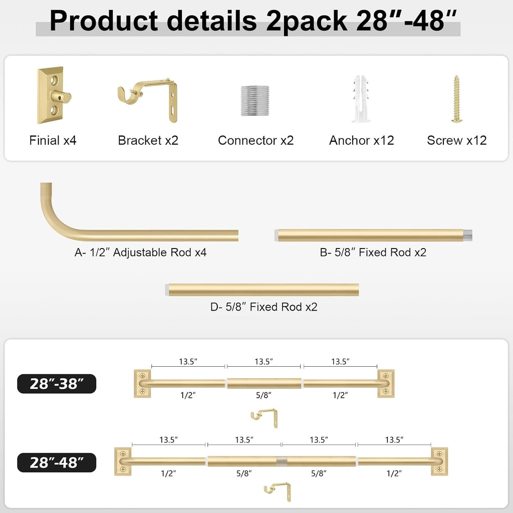 Hei!Dear 2 Pack Blackout Curtain Rod for Windows 28 to 48 inch (2.33-4Ft), Wrap Around Room Darkening Curtain Rods, 5/8" Samll Adjustable Modern Decorative Window rod,Gold