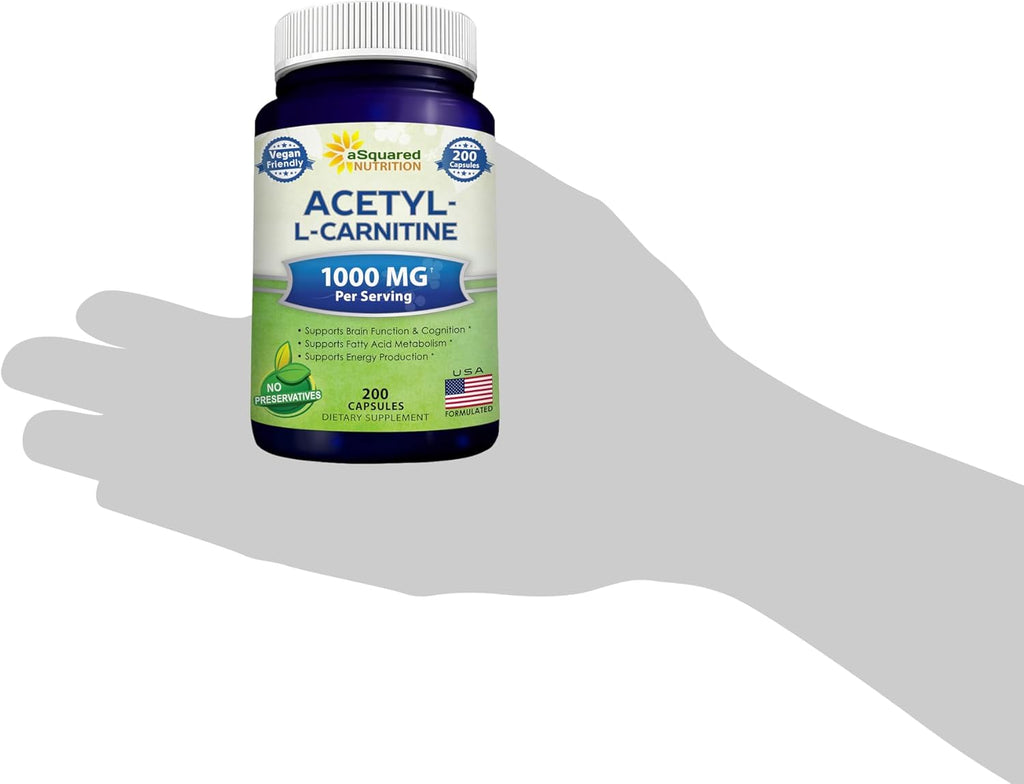 aSquared Nutrition Acetyl L-Carnitine 1000mg Per Serving Max Strength - 200 Veggie Capsules - High Dosage Acetyl L Carnitine HCL (ALCAR) Supplement Pills to Support Pure Energy, Brain Function
