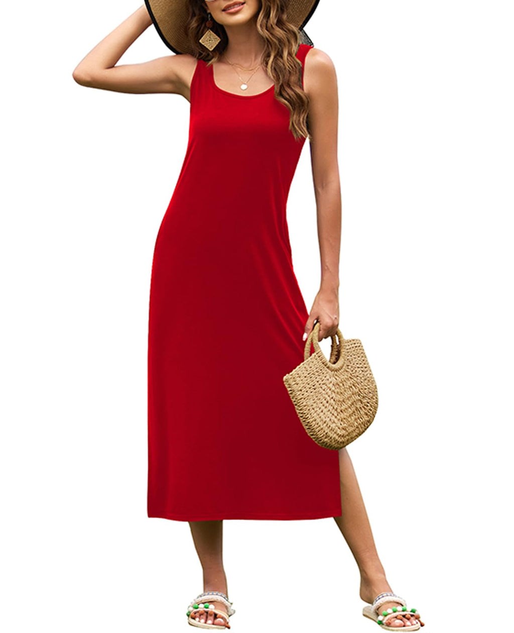 Naggoo Women's Sleevelee Tank Dress Midi Summer Casual Scoop Neck Basic Split Maxi Tshirt Sundresses with Pockets