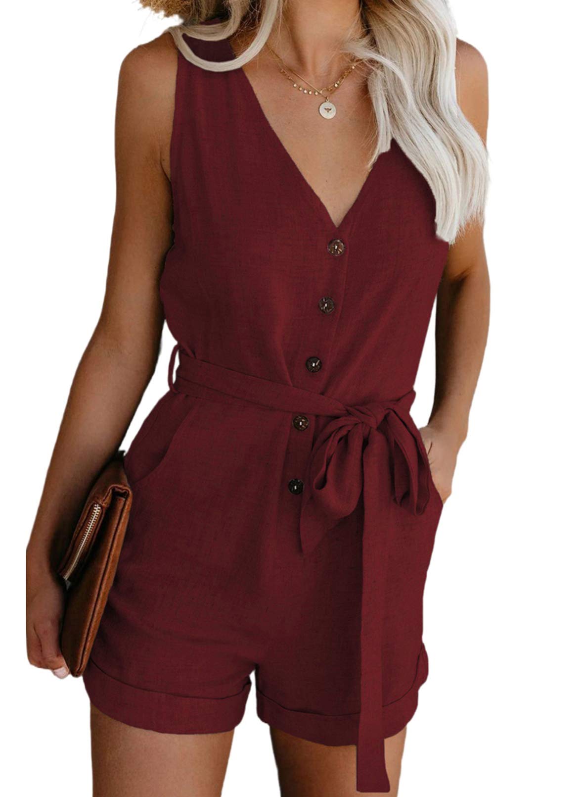Acelitt Womens Casual Summer Crewneck Ruffle Sleeveless Rompers, XS-XXL