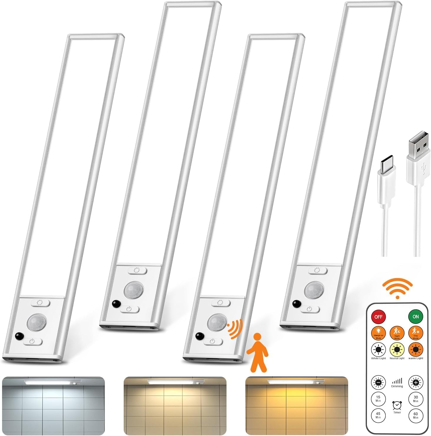 9" Under Cabinet Lights Wireless, Motion Sensor Light Indoor with Remote, LED Rechargeable Closet Light, 3 Color Temps, Dimmable, Magnetic, Under Counter Lights for Kitchen, Stairs, Pantry, Hallway