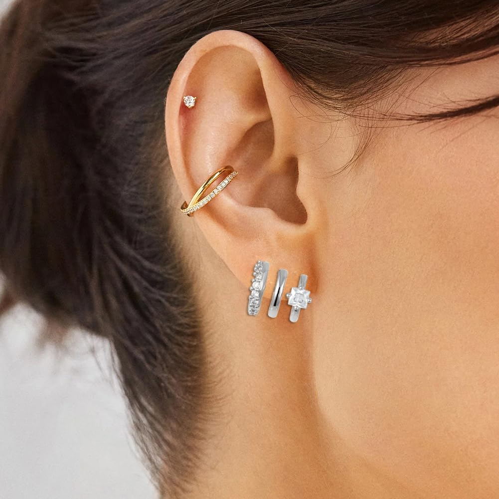 Obidos 14K Gold Plated Illusion Stud Earrings for Women | Triple Huggie Hoop Earrings for One Hole| Trendy Simple Hypoallergenic Fashion Accessories Gold Jewelry Gifts for Womens