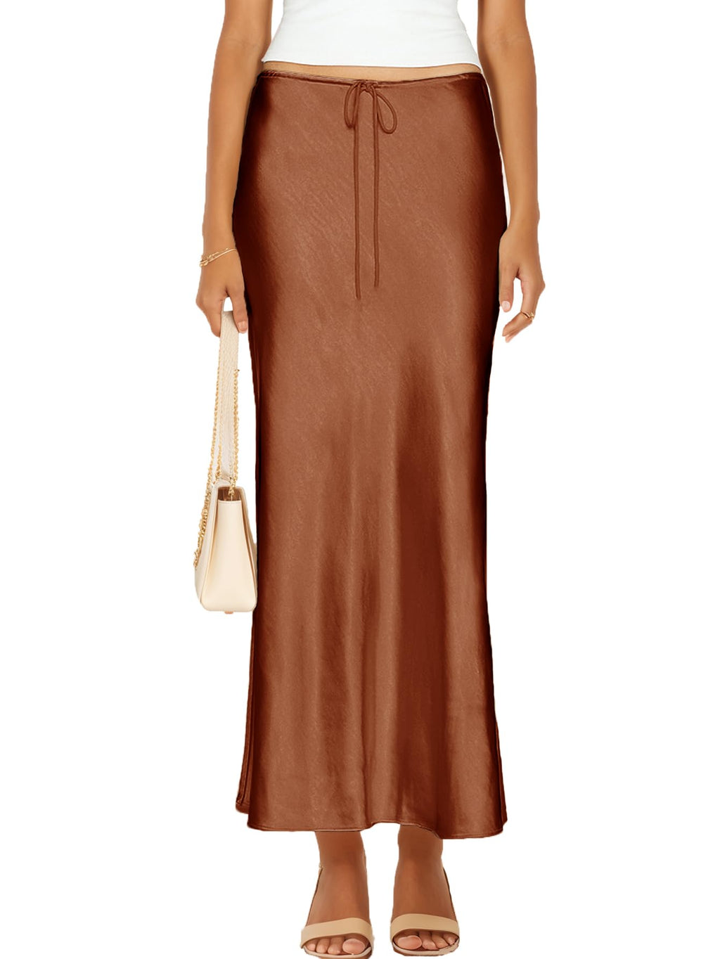Womens Satin Silk Maxi Skirts Drawstring Flared Casual A-Line Long Skirt for Women