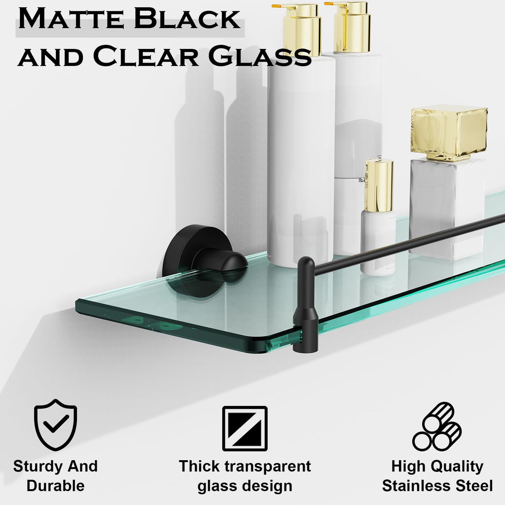 Glass Bathroom Shelves,Brushed Gold Floating Shelves for Wall Rectangular Modern Stainless Steel Glass Shelf for Bathroom Shelves wall Mounted 16 Inch