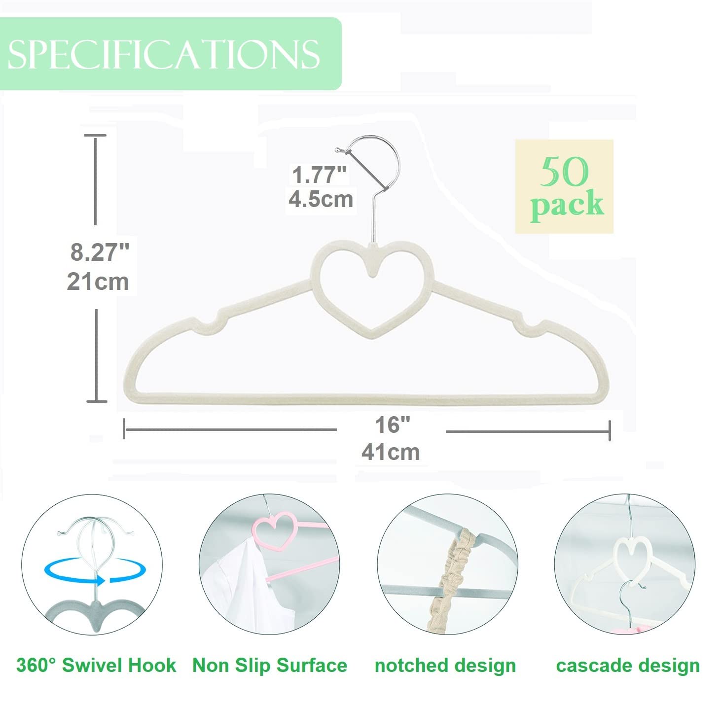 Velvet Hangers 20 Pack,16 Inch Non Slip Adult Heart Hanger (Black) | 360° Swivel Hooks, Cascade Design, Space Saving