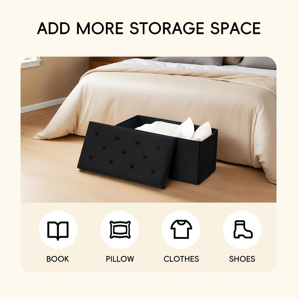 PINPLUS Folding Storage Ottoman Bench, Folding Velvet Tuffed Foot Rest Stool with Rivet, End of Bed Bench Large Long Shoes Chest for Bedroom Entryway Living Room, Beige, 41.3 Inches