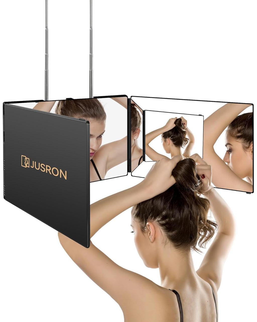 JUSRON 360 Viewing Angle Self Hair Cutting Mirror, Clear Anti-Fog HD Glass, USB Rechargeable, Easy to Use, Height Adjustable, Portable, Good Choice for Gifts