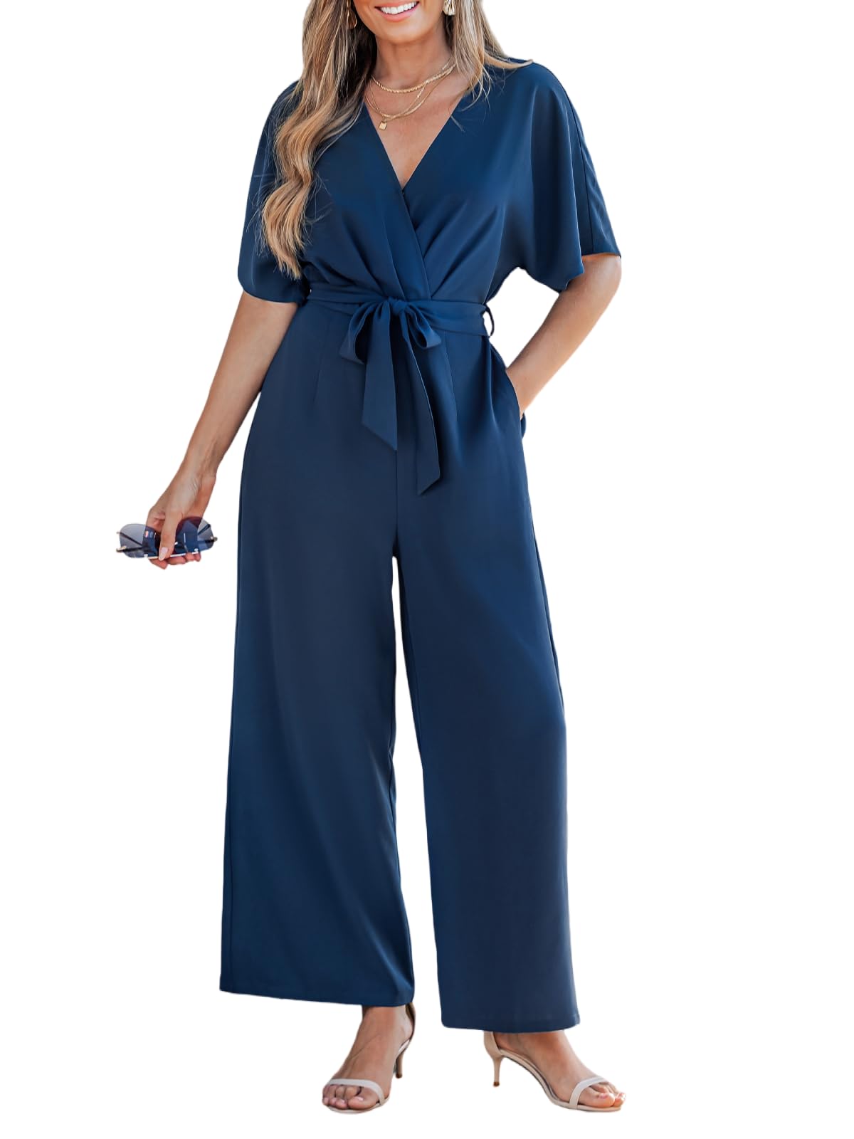 CUPSHE One Piece Jumpsuits for Women Casual Summer V Neck Batwing Sleeve Wide Leg Elegant Overalls Sexy Vacation Outfits