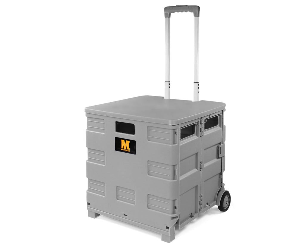 MaxWorks Collapsible Rolling Utility Cart with Lid 80 lb Capacity Folding Dolly with Telescoping Handle Heavy Duty Plastic Crate on Wheels for Shopping Office and Teachers (50876)