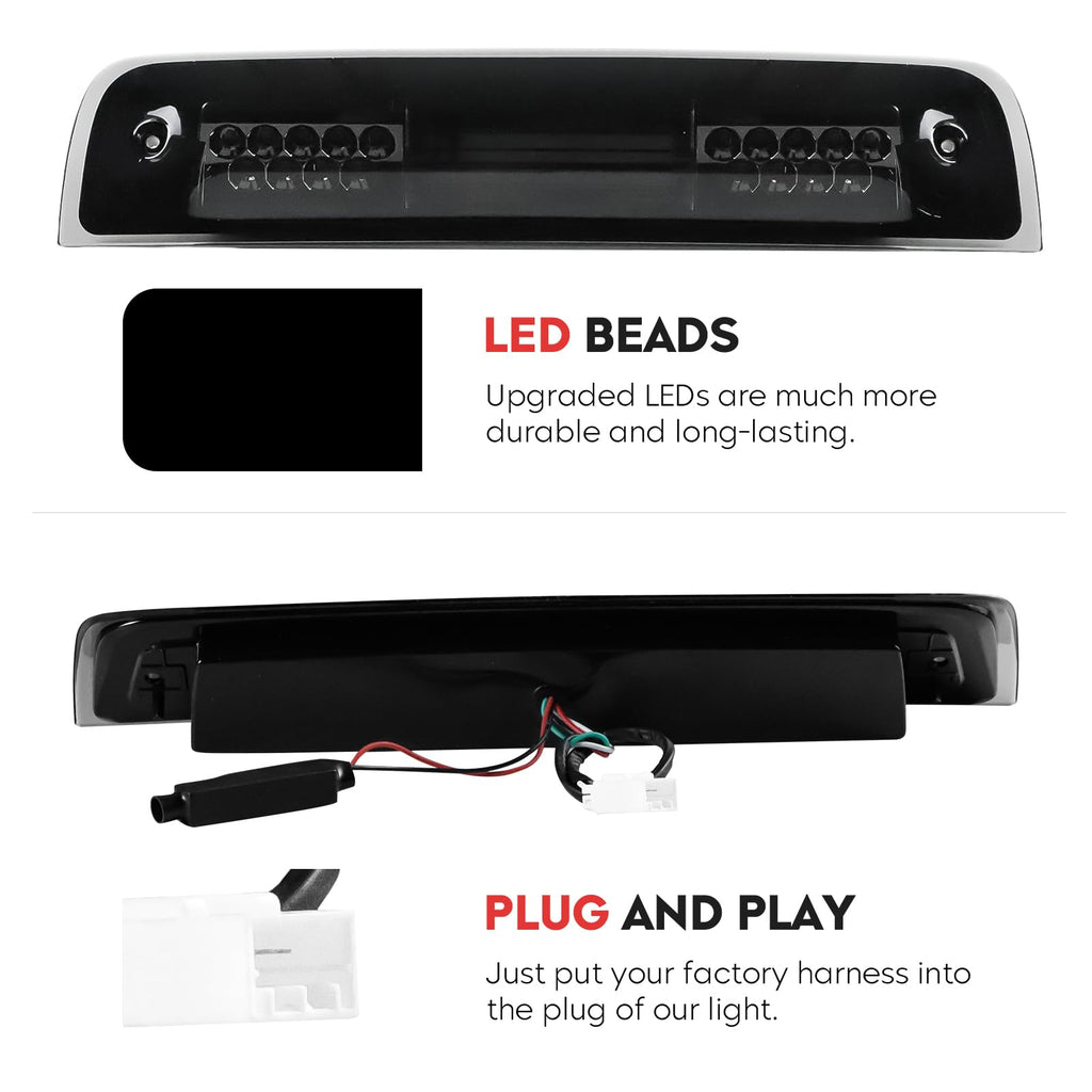 Tresound For 1994-2001 Dodge Ram 1500/2500/ 3500 Third 3rd LED Brake Light Cargo Lamp High Mount Brake Light Replacement (Black+ Smoke Lens)