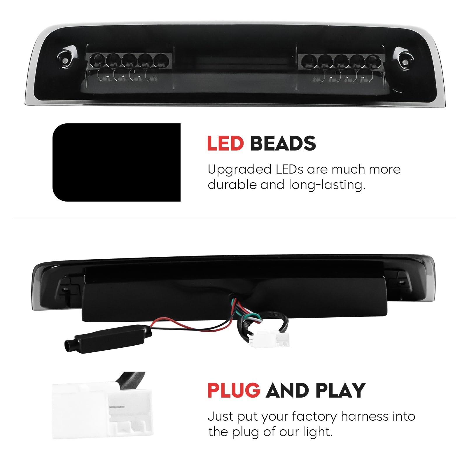 Tresound For 1994-2001 Dodge Ram 1500/2500/ 3500 Third 3rd LED Brake Light Cargo Lamp High Mount Brake Light Replacement (Black+ Smoke Lens)