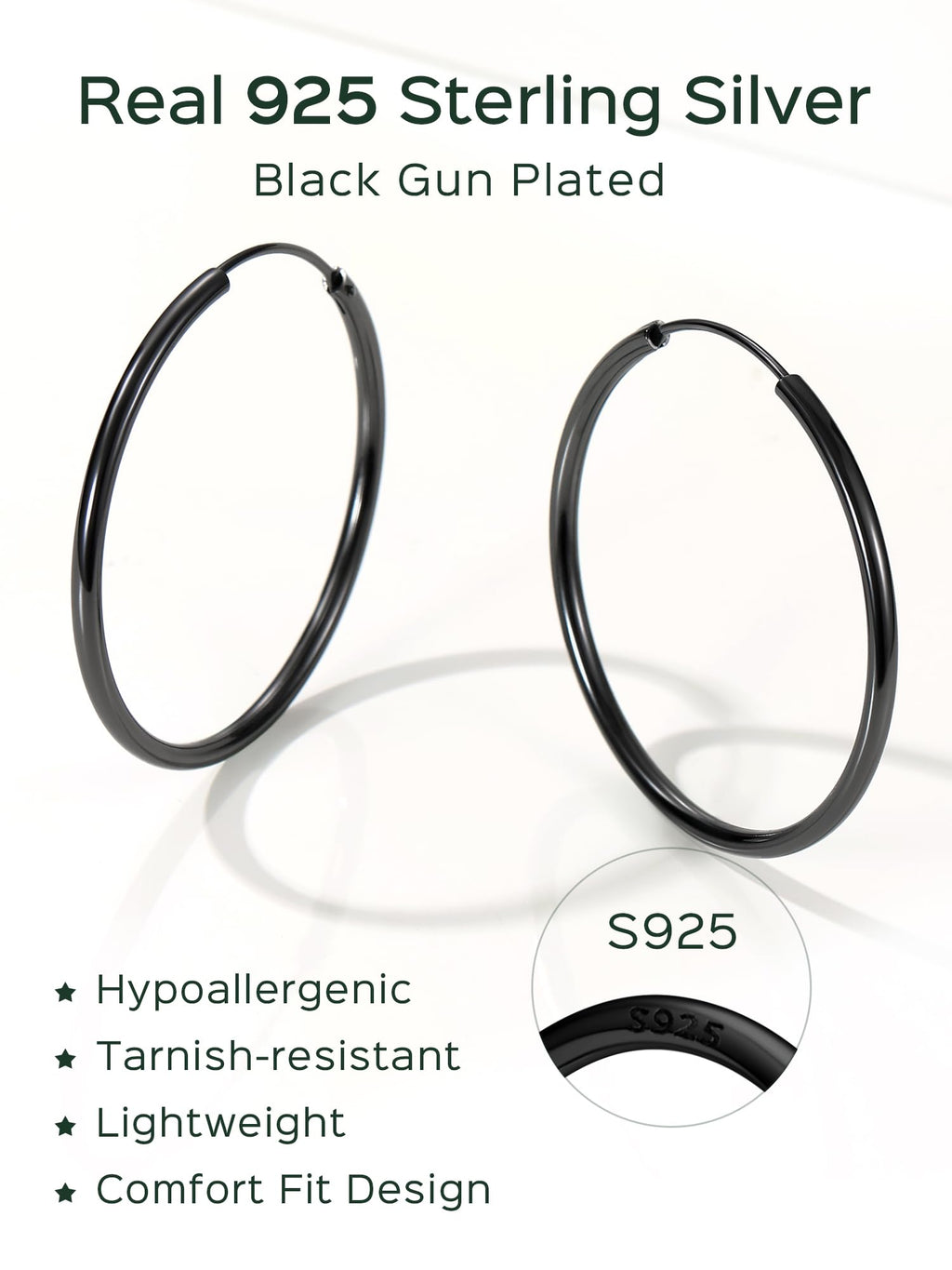 ChicSilver 925 Sterling Silver Hoop Earrings for Women Hypoallergenic, Lightweight Large Gold Plated Silver Hoop Earrings, Endless Hoops Earring 20/30/40/50/60/70MM