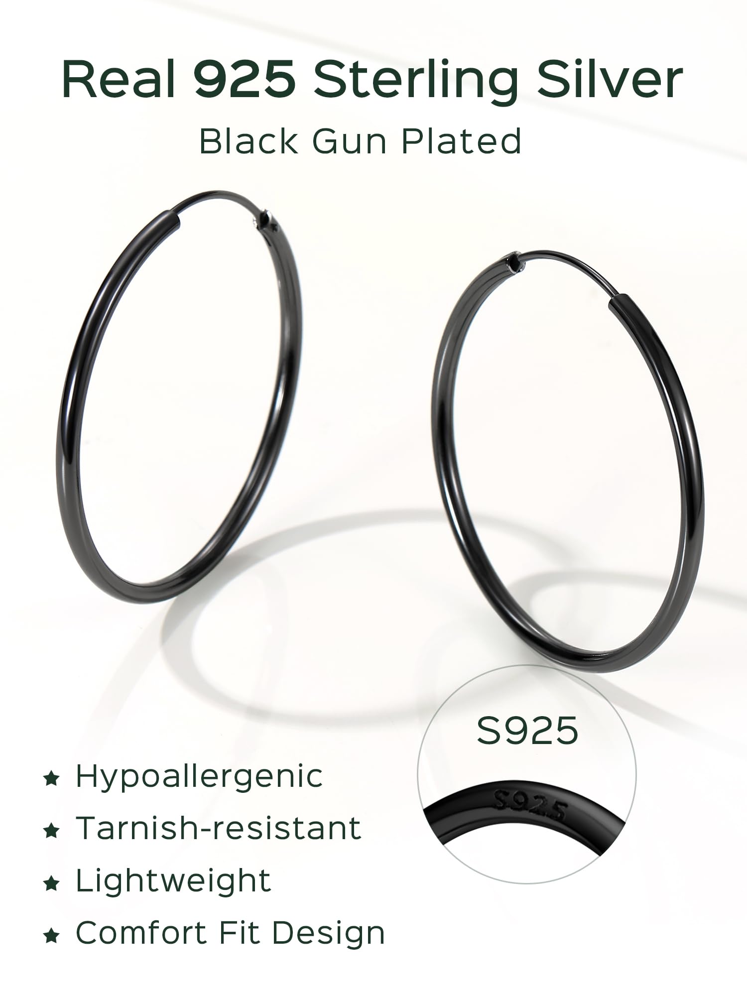 ChicSilver 925 Sterling Silver Hoop Earrings for Women Hypoallergenic, Lightweight Large Gold Plated Silver Hoop Earrings, Endless Hoops Earring 20/30/40/50/60/70MM