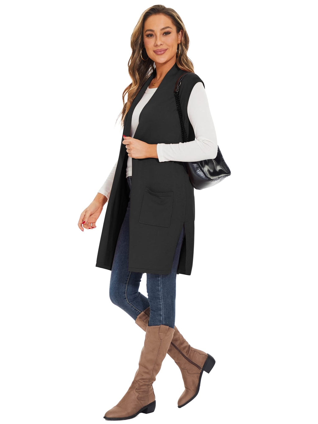 Moss Rose Women's Long Knit Cardigan Vest Casual Sleeveless Open Front Draped Duster Vest (Available in Plus Size)
