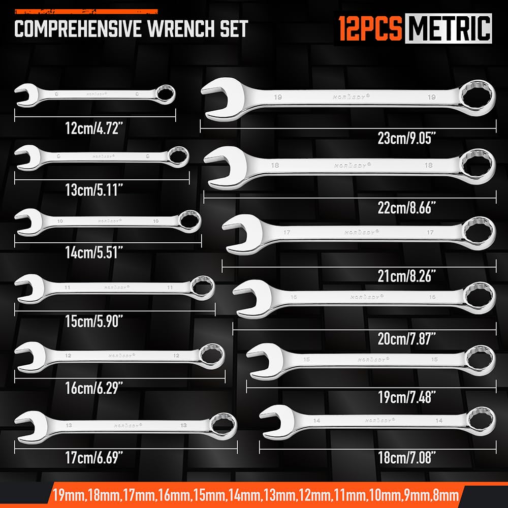 HORUSDY Large Wrench Set with Rolling Pouch | Metric | 6-Piece | 23mm, 24mm, 26mm, 27mm, 30mm, 32mm | 12 Point | Chrome Vanadium Steel
