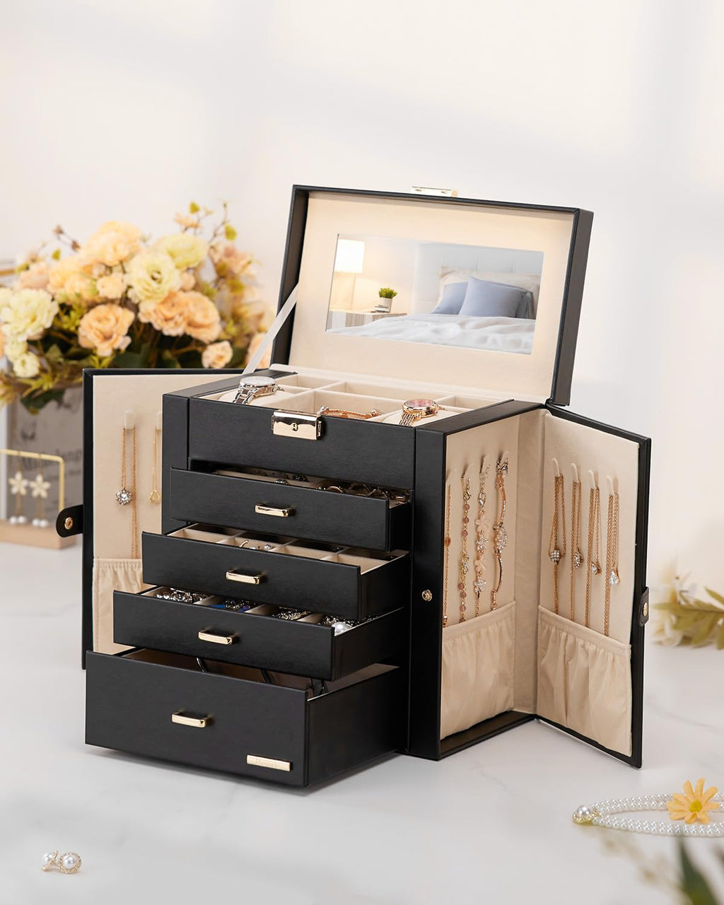 Homde Mothers Day Gifts Synthetic Leather Huge Jewelry Box Mirrored Watch Organizer Necklace Ring Earring Storage Lockable Gift Case (Black + Gold)