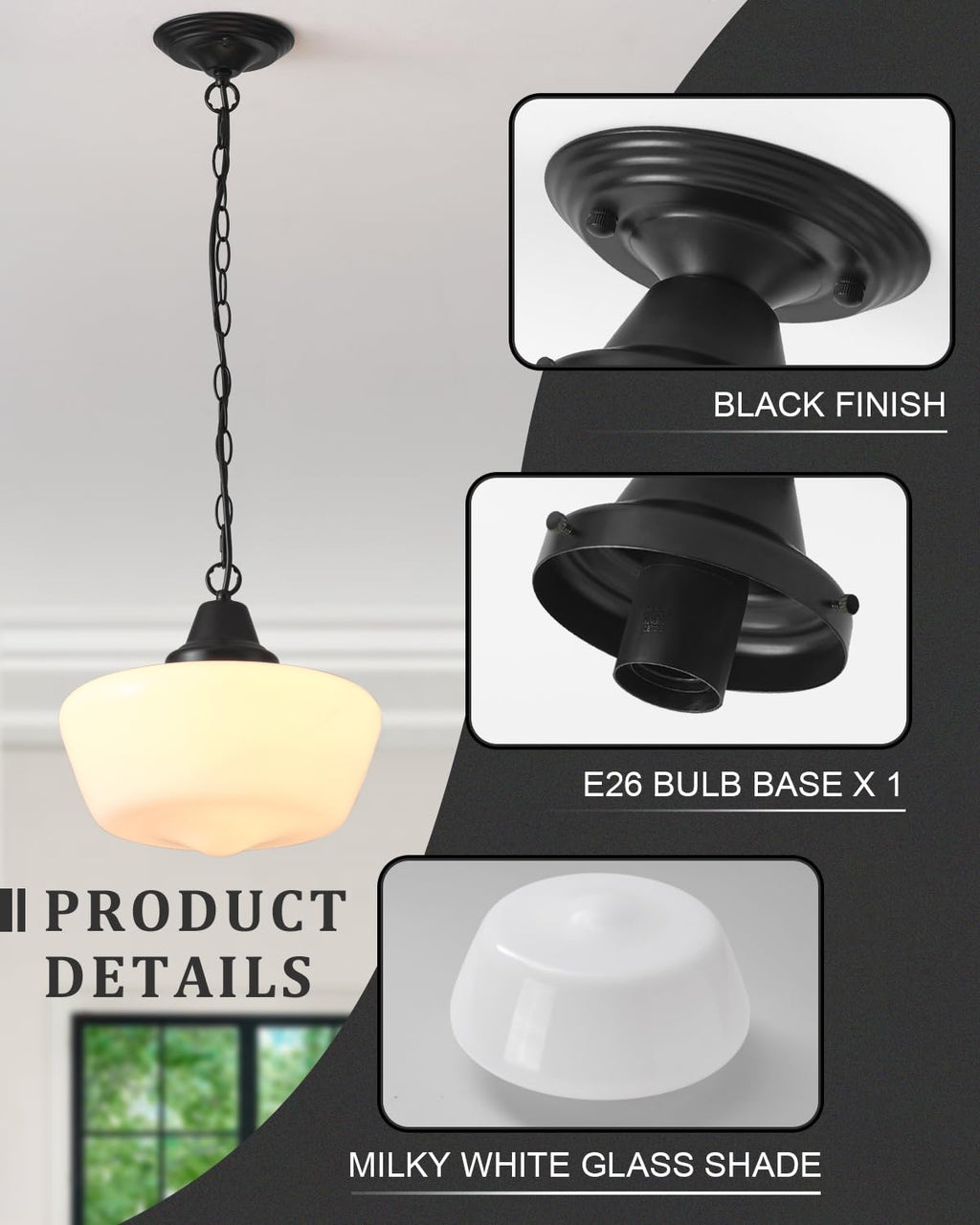 Schoolhouse Light Fixture, 12 Inch Black Finish with Milk Glass Semi Flush Mount Ceiling Light, Ceiling Light Fixture for Kitchen Hallway Entryway (Type C Pendant Light)