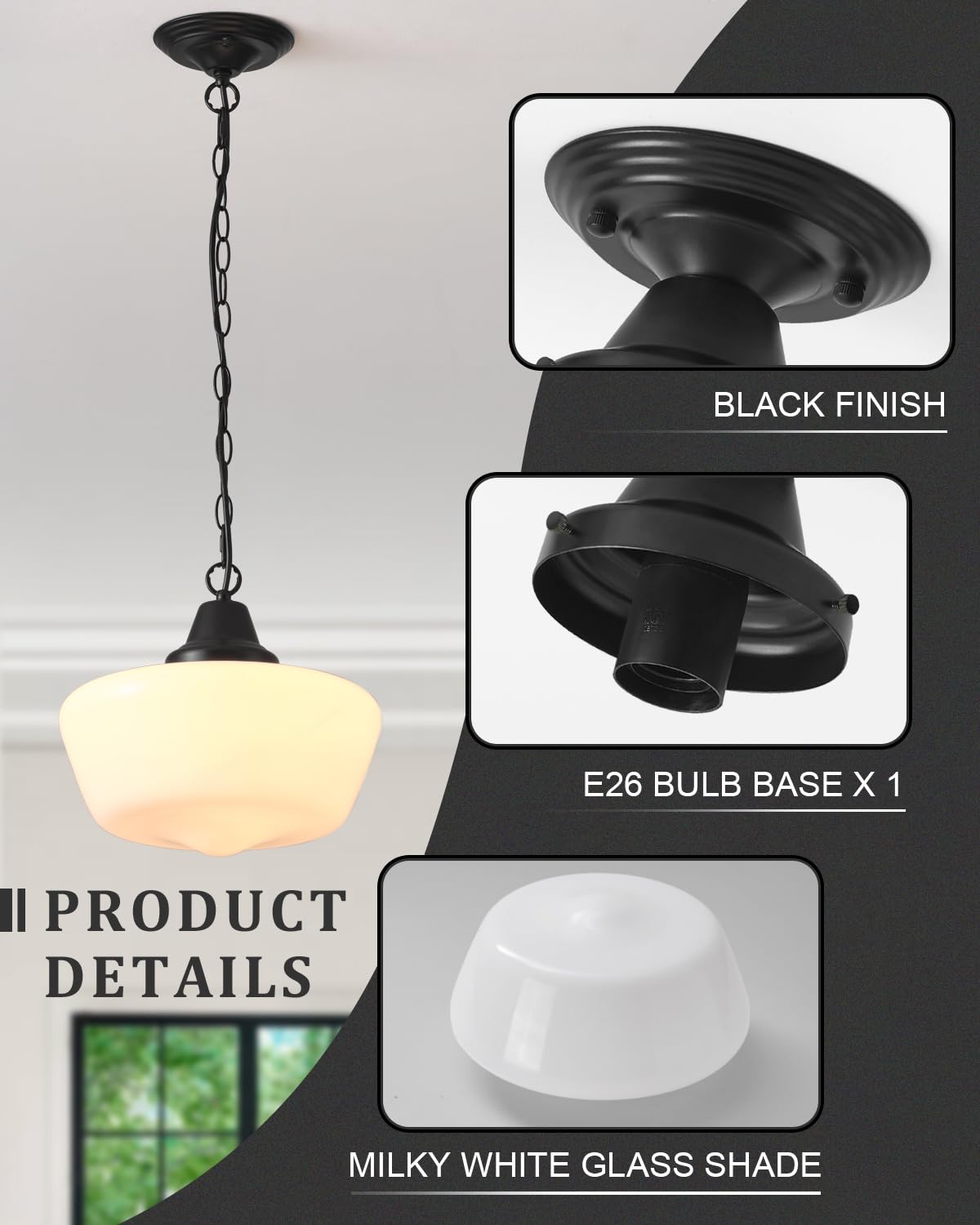 Schoolhouse Light Fixture, 12 Inch Black Finish with Milk Glass Semi Flush Mount Ceiling Light, Ceiling Light Fixture for Kitchen Hallway Entryway (Type C Pendant Light)