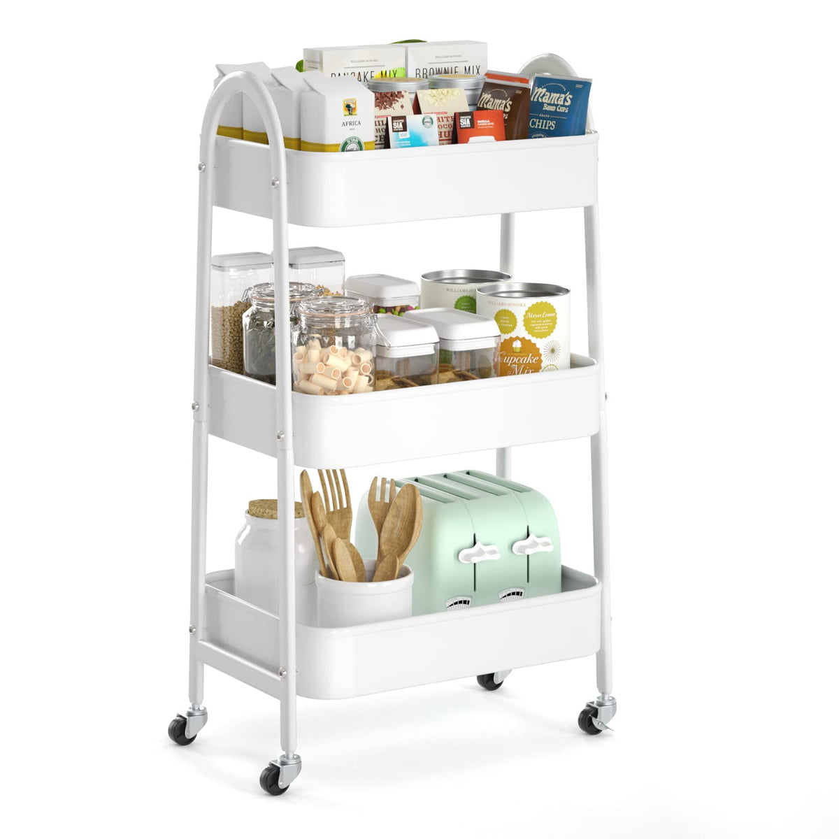 EAGMAK 3 Tier Rolling Cart, Large Metal Storage Cart with Handle and Lockable Wheels, Big Multifunctional Storage Organizer Trolley with Mesh Baskets for Kitchen, Living Room, Office, Garage (Beige)