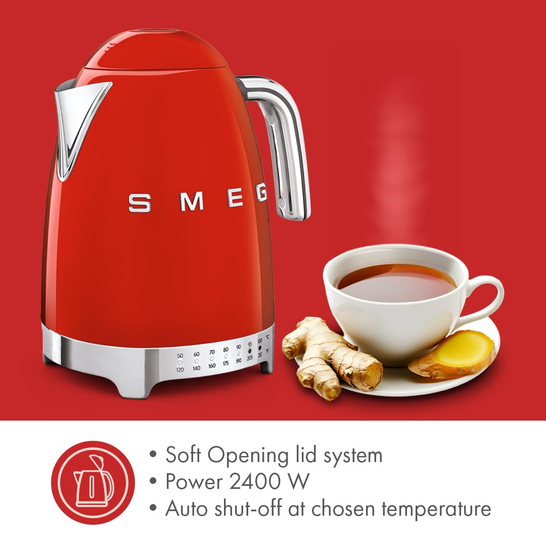 SMEG Variable Temperature Electric Kettle 1.7L (7 Cup), Stainless Steel Tea & Coffee Kettle, Fast Boil, Adjustable Temp 122°F–212°F, Keep Warm, Auto Shut-Off, 360° Base, Retro Style-Black