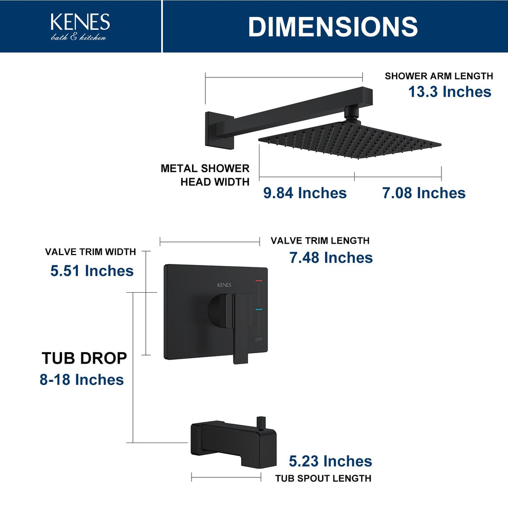 KENES Brushed Nickel 10-Inch Shower Head and Handle Set, Square Shower Faucet Set Bathroom Rainfall Shower System Wall Mount, KE-6024B (Shower Valve Included)