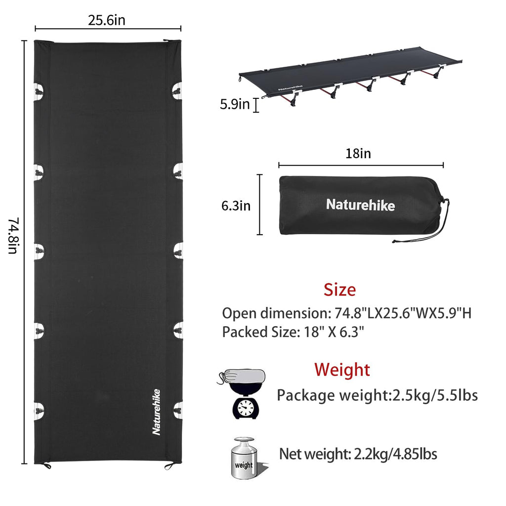 Naturehike Ultralight Camping Cot, Easy to Assemble Folding Tent Cot, Compact & Protable Camping Bed for Camping, Mountaineering, & Hiking, Supports 330lbs with Carry Bag, Kahki
