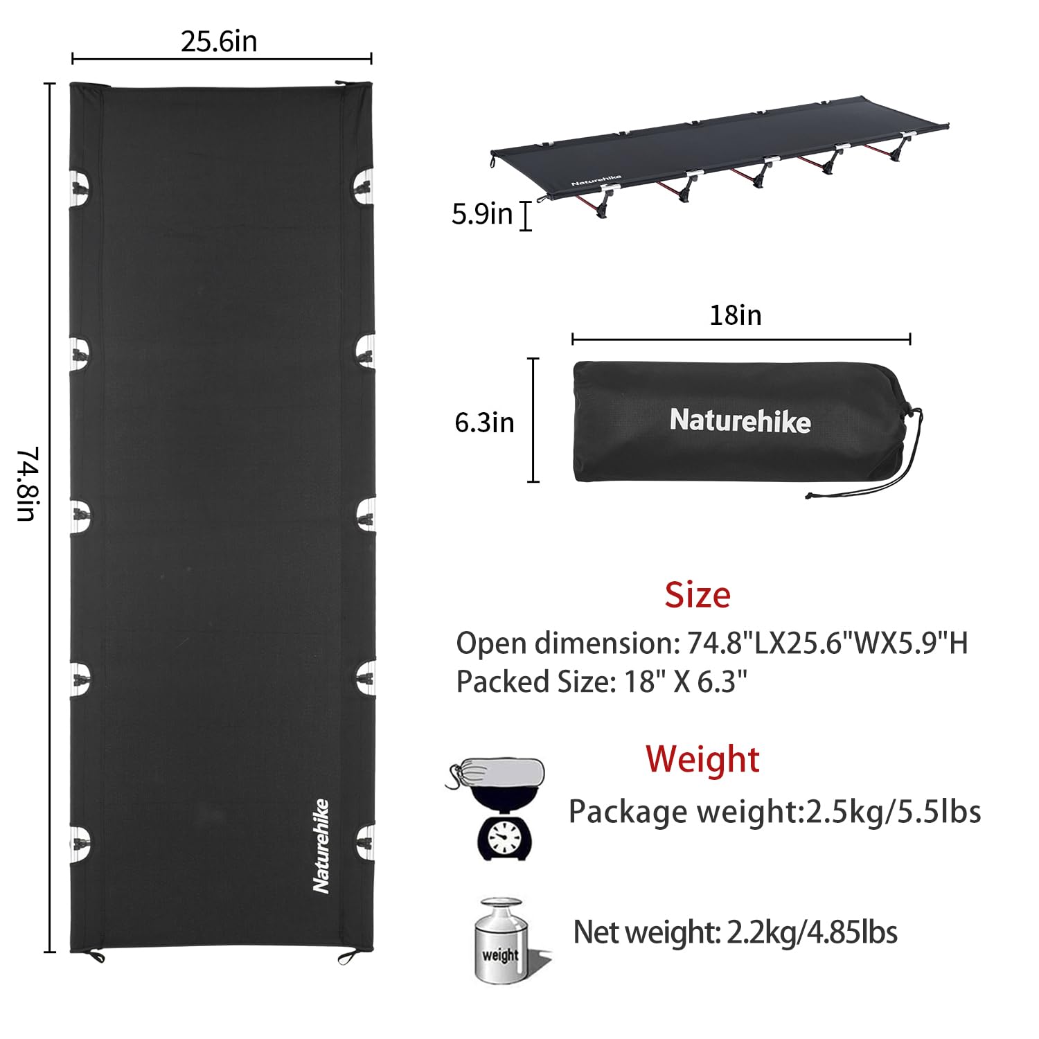 Naturehike Ultralight Camping Cot, Easy to Assemble Folding Tent Cot, Compact & Protable Camping Bed for Camping, Mountaineering, & Hiking, Supports 330lbs with Carry Bag, Kahki
