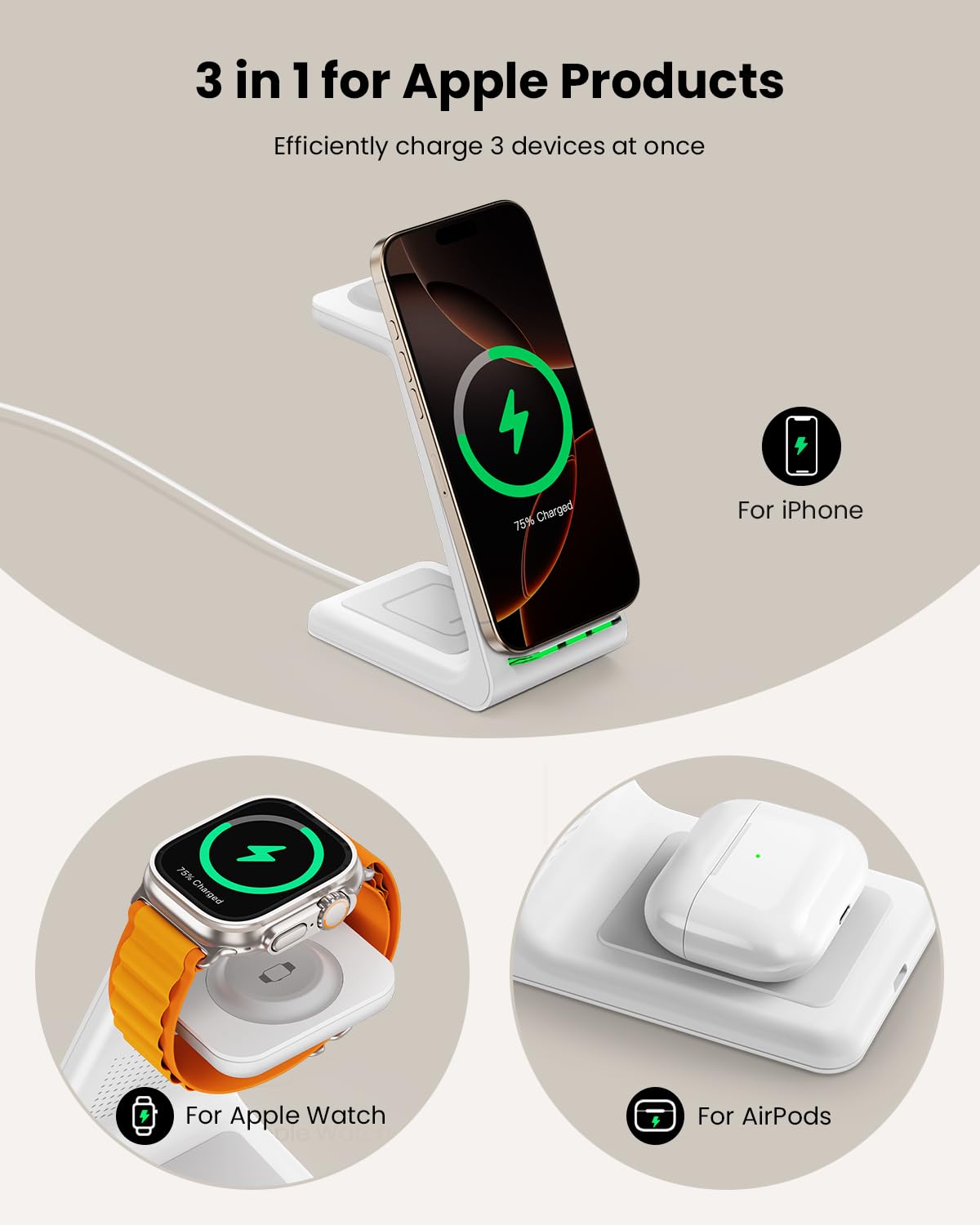 GEEKERA 3 in 1 Wireless Charging Station, Foldable Wireless Charger Stand for Multiple Apple Devices for iPhone 17 16-8, Apple Watch Ultra//11/10/9/SE/8/7/6/5, AirPods Pro/4/3/2