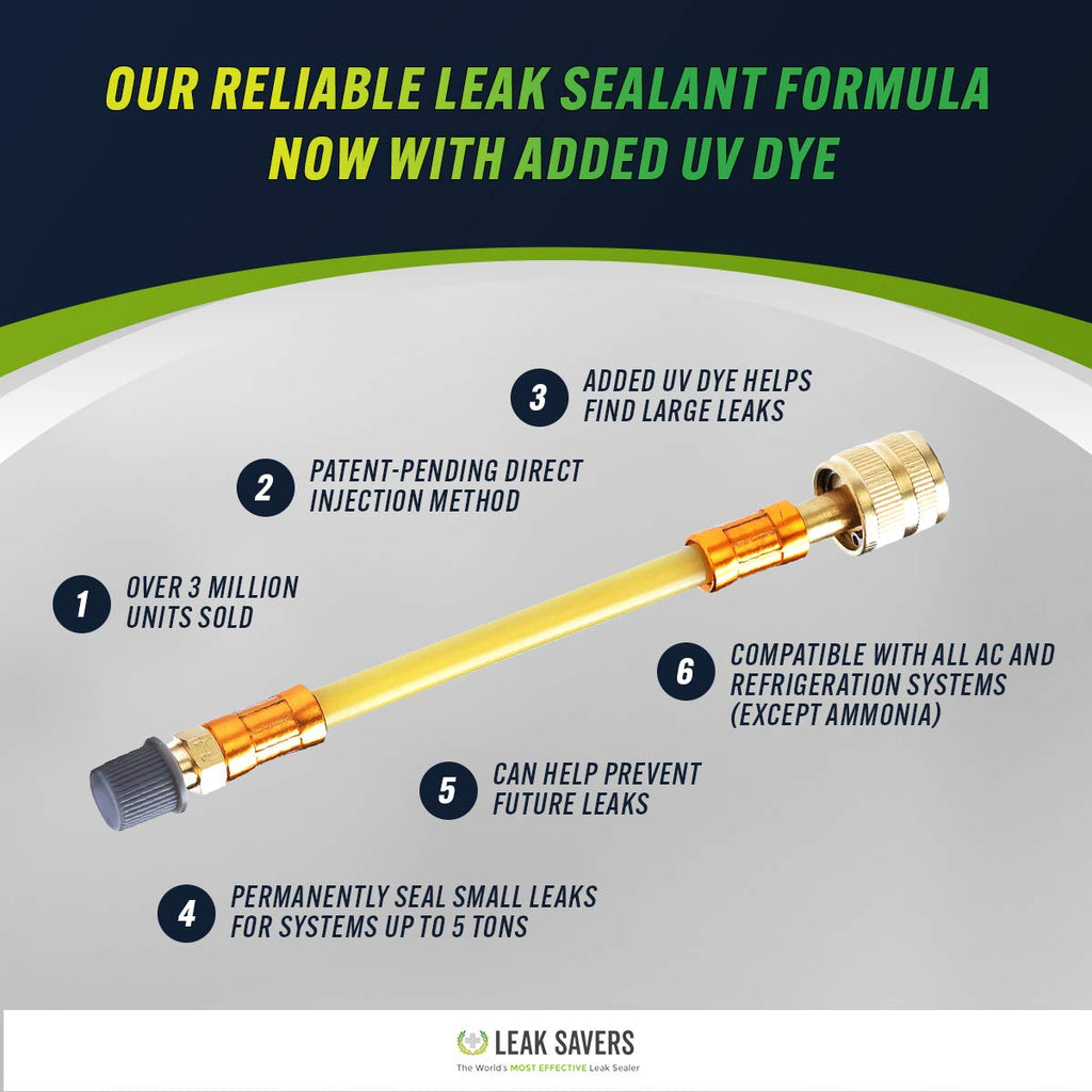 Leak Saver Direct Inject Small System with UV Dye - Refrigerant Leak Sealer - Detects Large Leaks - Ideal for Most Small Home Appliances and HVAC Systems up to 1 Ton - Proudly Made in The USA