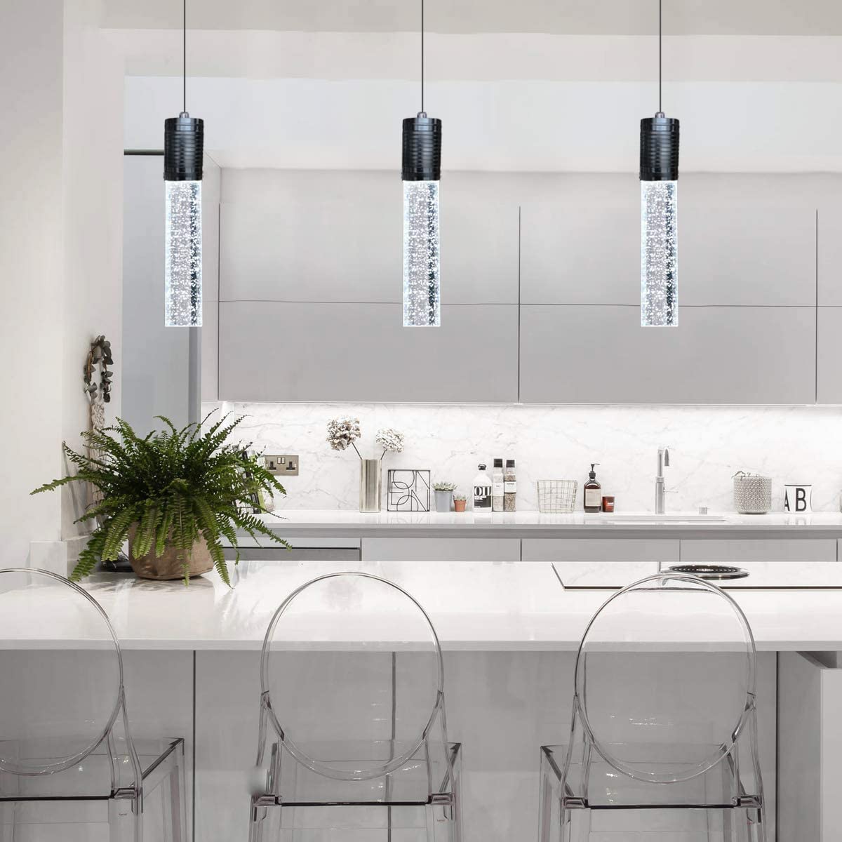HAIXIANG Modern Kitchen Island Hanging Light Fixtures Crytstal Pendant Lighting for Kitchen Island Chrome Mini Chandelier with 6000K Daylight Bulb
