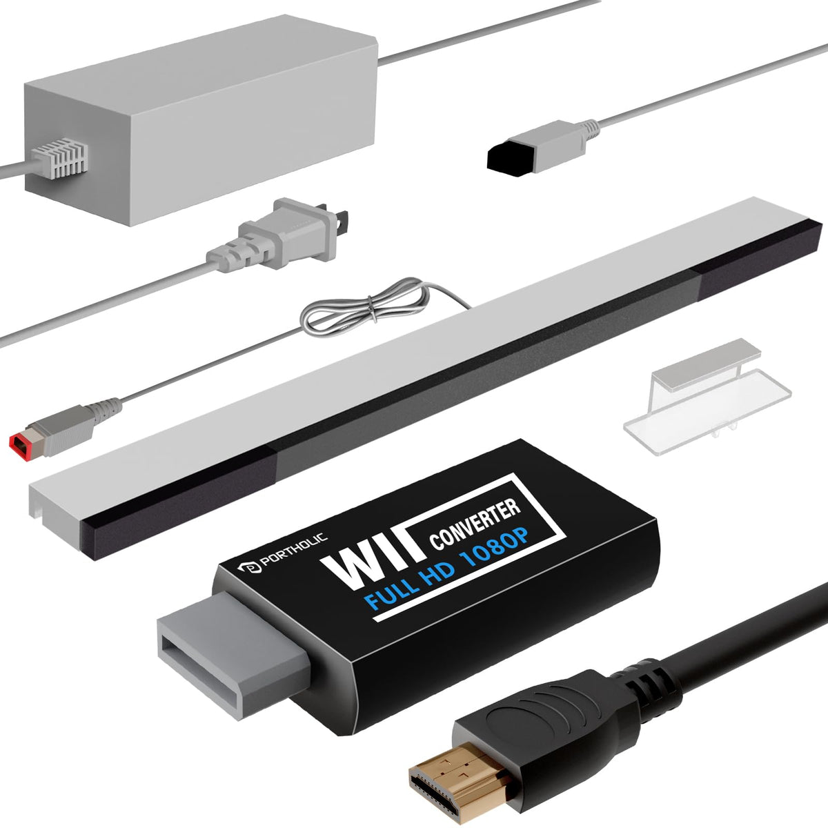 PORTHOLIC 4 in 1 Wii Replacement Cables Set, Wii AC Power Adapter + Wii to hdmi Converter+ Wired Motion Sensor Bar and Composite Audio Video Cable for Nintendo Wii