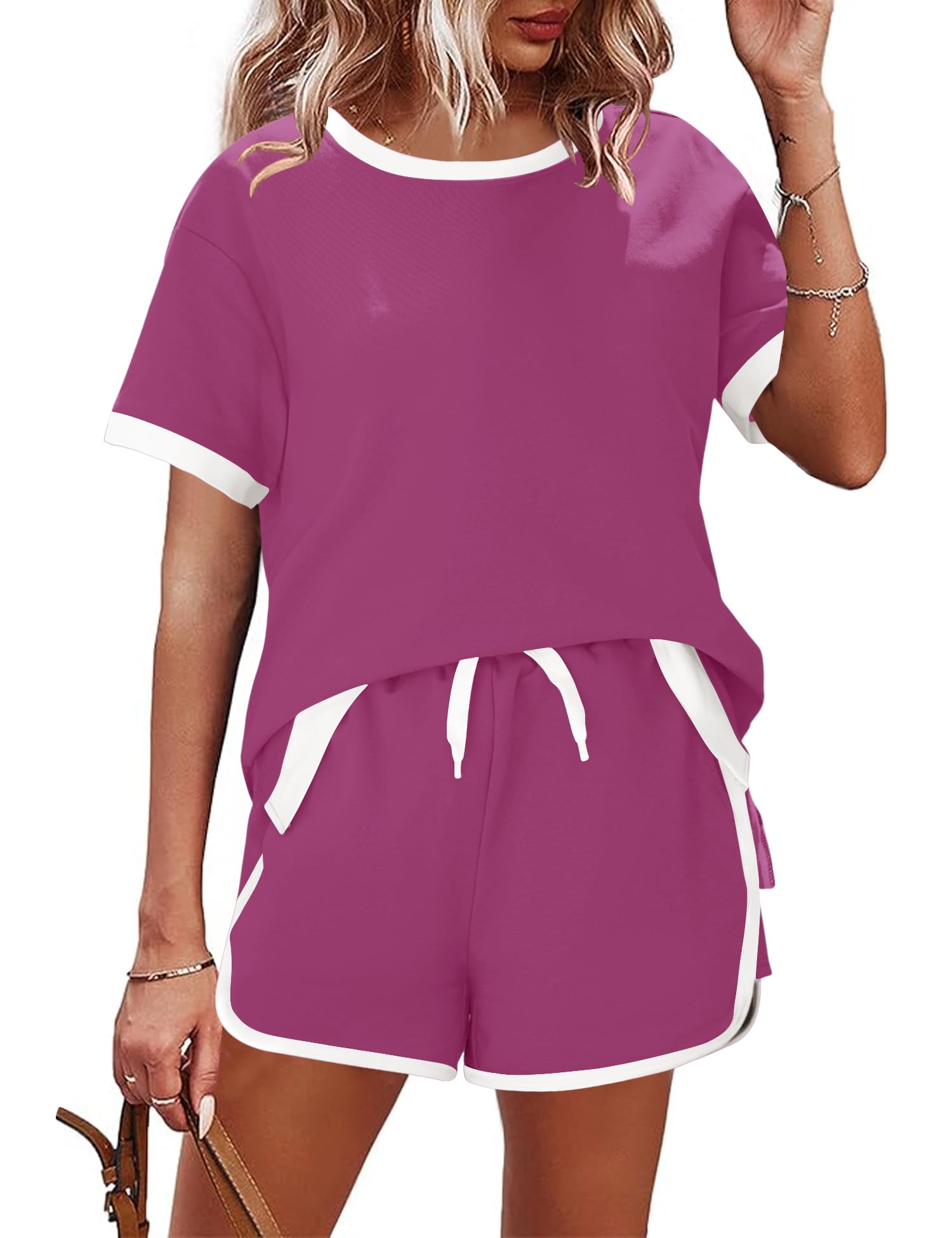 AKEWEI Shorts Sets Women 2 Piece Outfits Casual Short Sleeve Crewneck Tops and Drawstring Shorts Color Block Sets