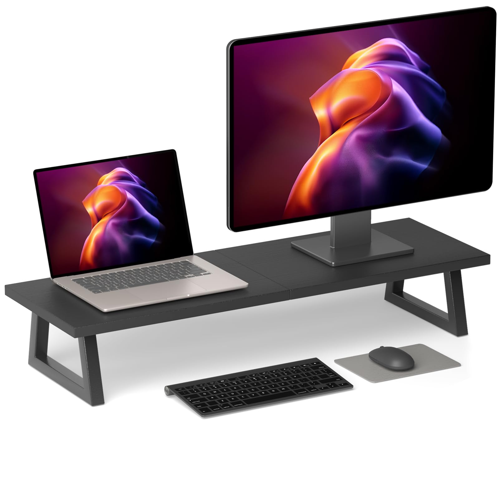 TEAMIX 31.5 inch Dual Monitor Riser, Long Black Monitor Stand Riser Wide TV Stand Riser Monitor Stand for 2 Monitors Wood & Steel Desktop Riser Desk Organization Home Office