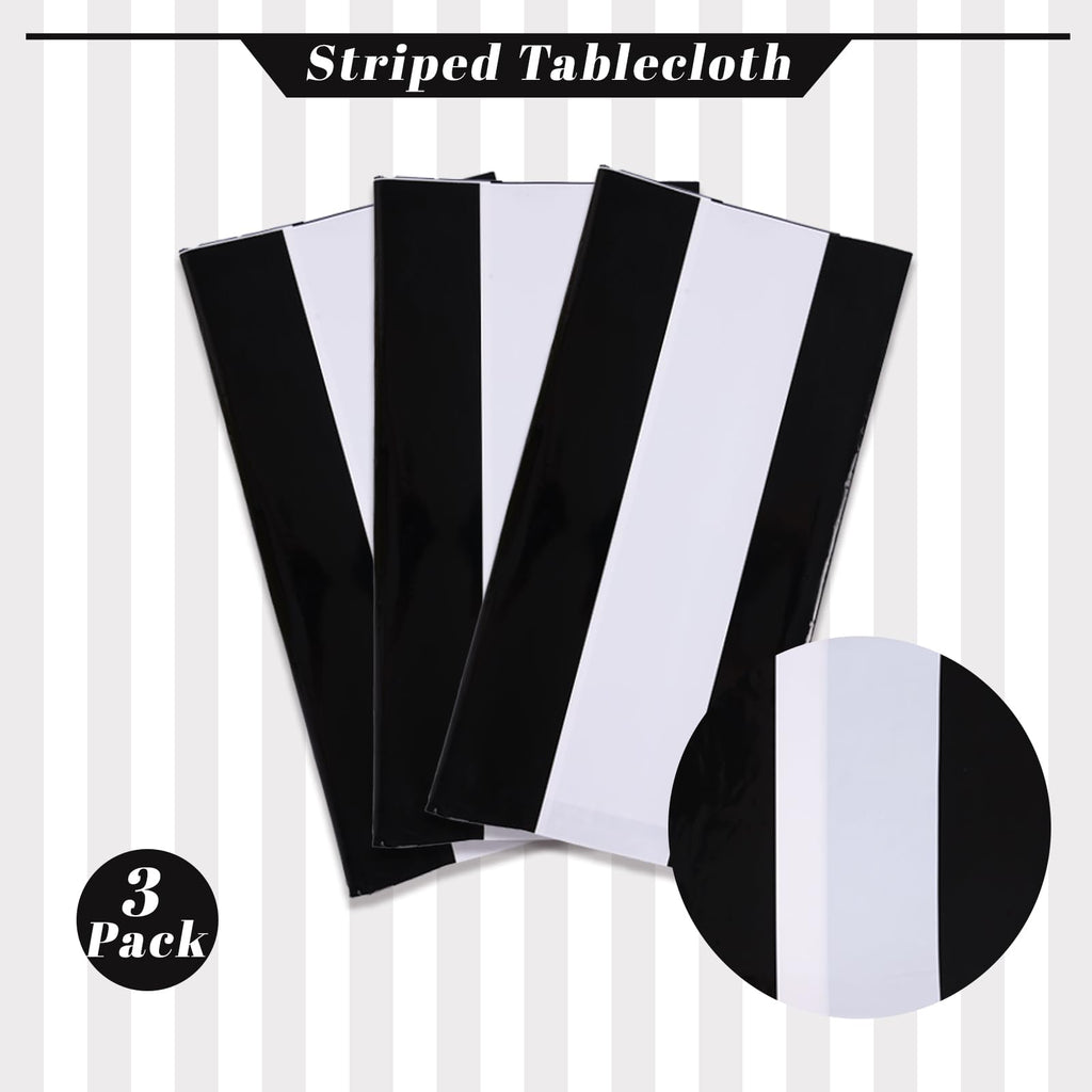 Kesfey 3 Packs Black and White Horizontal Striped Table Cloth 54 x 108 Inch Classic Black Stripe Tablecloths Disposable Plastic Stripe Table Covers Waterproof Picnic Tablecover for Halloween Party