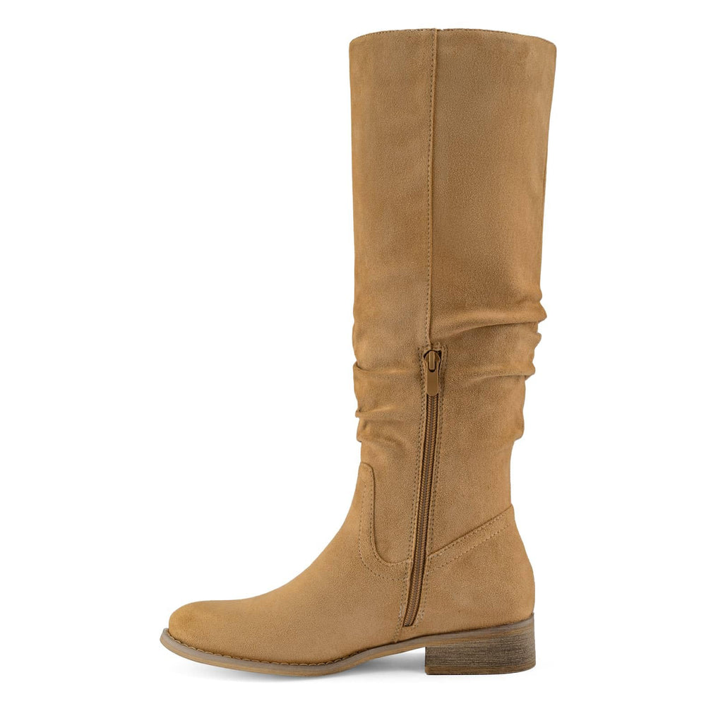 Shoe'N Tale Women's Knee High Boots Flat Low Heel Slouch Pointed Toe Winter Shoes with Side Zipper