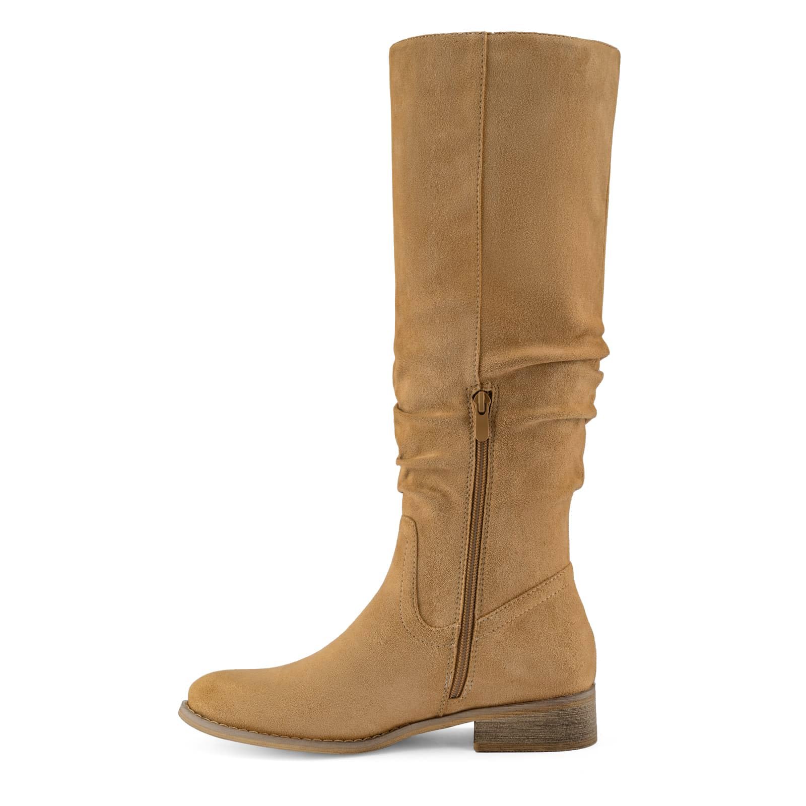 Shoe'N Tale Women's Knee High Boots Flat Low Heel Slouch Pointed Toe Winter Shoes with Side Zipper