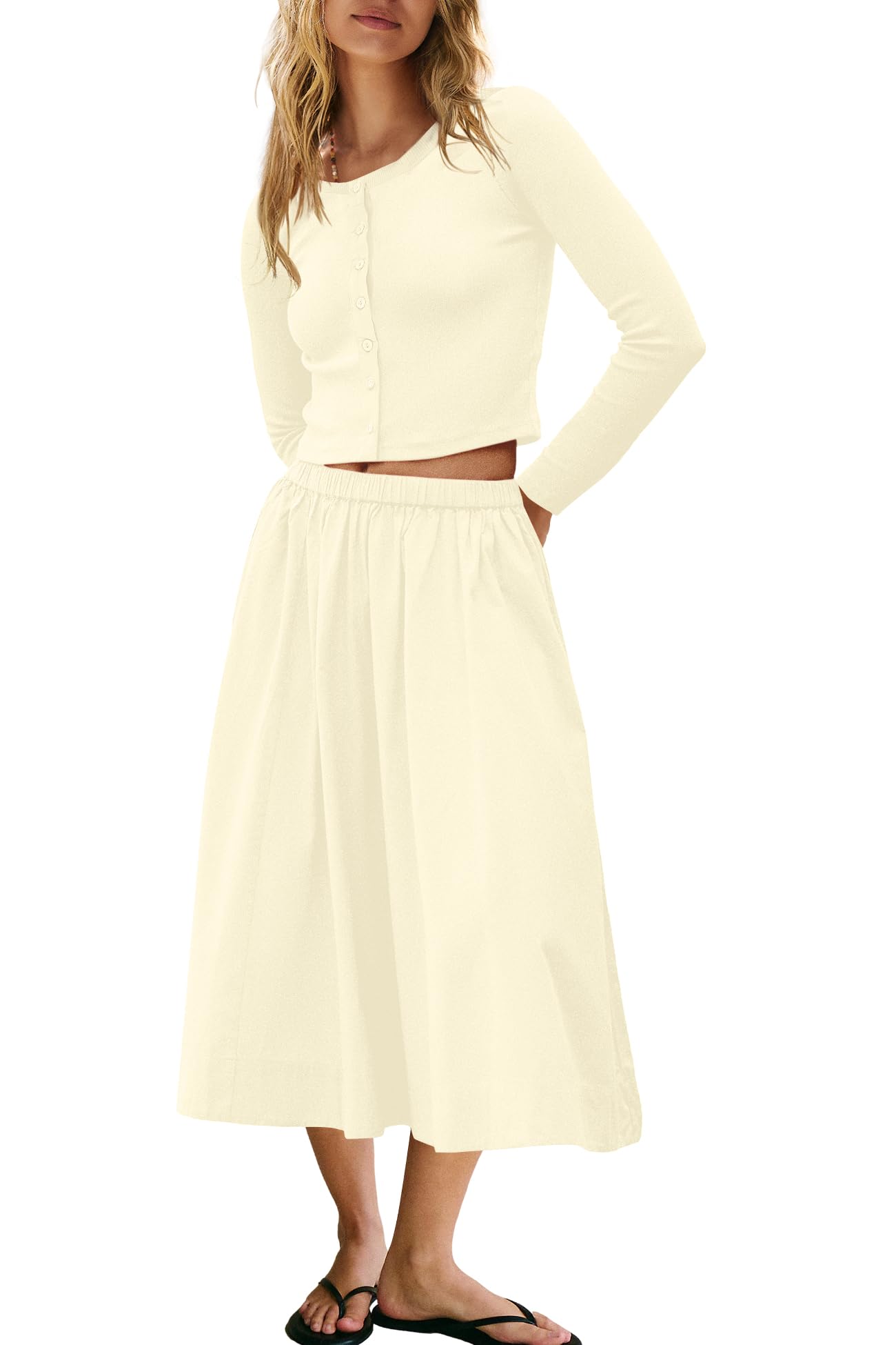 Panadila Womens 2 Piece Lounge Sets Matching Vacation Outfits Ribbed Button Down Cardigan and Elastic Waist Skirt Sets
