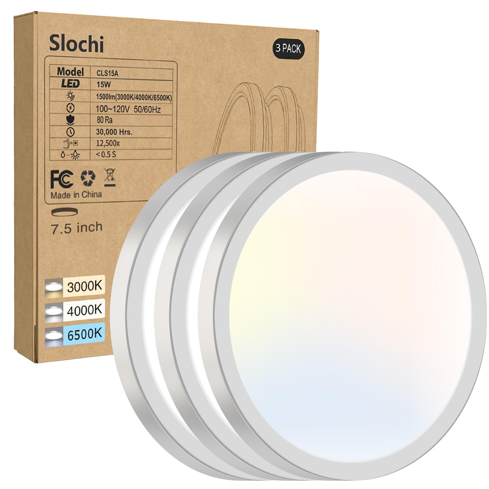 1PACK LED Flush Mount Ceiling Light Fixture, 3000K-4000K-6500K & 100W Equivalent Modern Kitchen Ceiling Lamp 15W 1500Lm 7.5 Inch Closet Round Surface for Bathroom Laundry Bedroom Hallway, Black